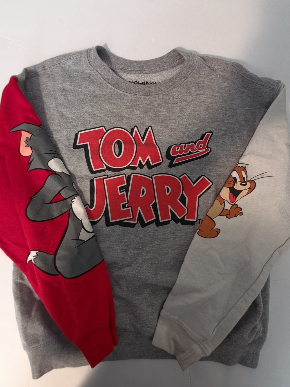 Tom and Jerry Graphic Crewneck Sweatshirt - Gray with Red and Cream Sleeves
